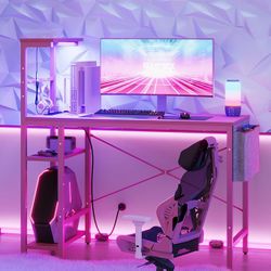 Bestier Pink Gaming Desk with Power Outlets, 44 Inch Led Gamer Desk with 4 Tiers Reversible
