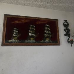 Framed Sailing Ships Velvet Painting