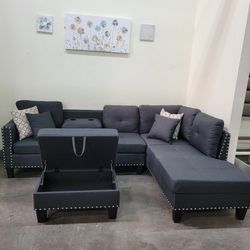 ✅️✅️3 pc charcoal linen like fabric sectional sofa drop down cup holder chaise and ottoman nail head trim ✅️