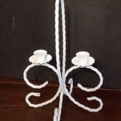 White Twisted Metal Candle Holder 13" tall Taper / Votive Stand Table Top Sconce