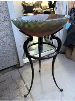 Handcrafted Glass Vessel Sink Bowl on Wrought Iron Pedestal Stand