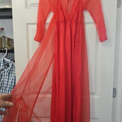 Vintage Red Lingerie Floor Length Gown And Matching Robe Set Size Small