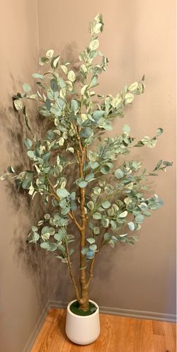 6ft Faux Eucalyptus Tree in Modern White Pot - Like New