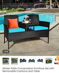 Patio Wicker Chair Bench with Table