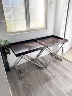 Pair of Mark David Luxury End Tables - Chrome X-Base & Wood Tray Tops