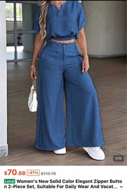 Women's Blue 2-Piece Top and Wide-Leg Pants Set