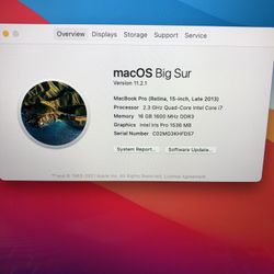 2013 Apple MacBook Pro i7 2.30GHz Quad Core 16GB RAM 500GB SSD 2GB GPU macOS Big Sur 
