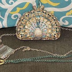 Peacock Crystal & Rhinestone Ornate Bag/Clutch