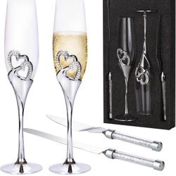 4 Piece Champagne Flutes and Cake Knife Server Set, Bride and Groom Toasting Flutes with Cake Cutting Set, Diamond Champagne Glasses Set for Wedding R