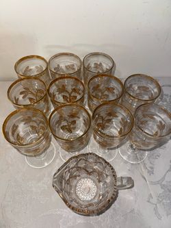 Gold Floral Glass Drinkware Set with Crystal Creamer