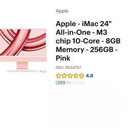 Apple, iMac 24” m3 chip 10 core, 8GB memory, 256 GB, pink