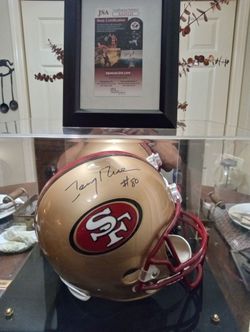 Jerry rice signed helmet in display case with j s a certificate of authenticity