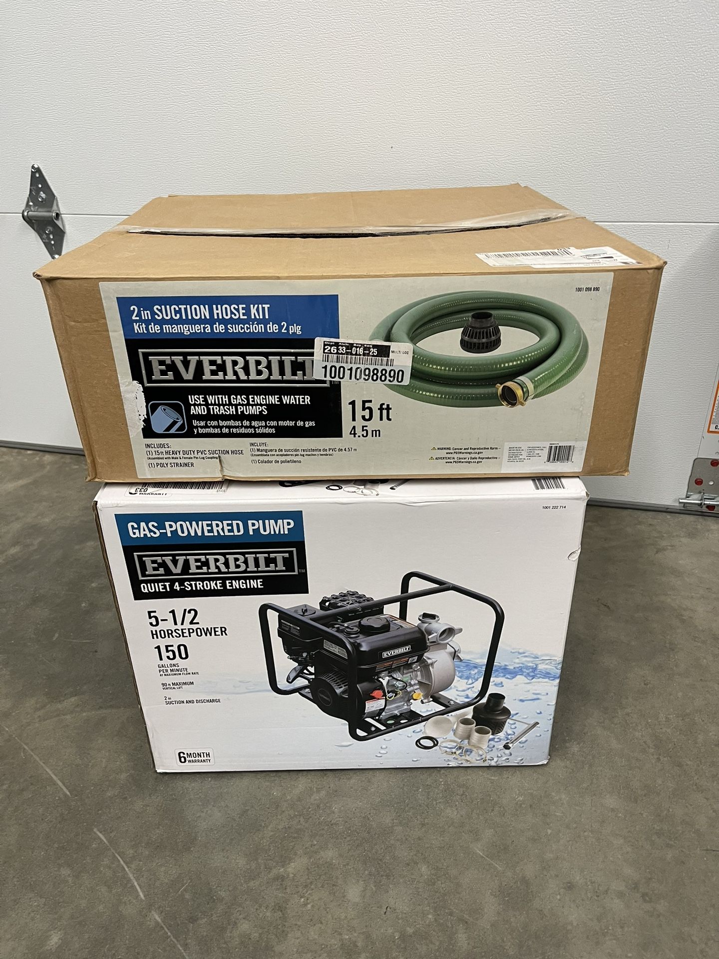 Water pump Everbilt 5.5 HP Gas-Powered Utility Pump $399 plus tax at Home Depot website Everbilt 2 in. X 15 ft. Reinforced Suction Hose $73.48 plus t