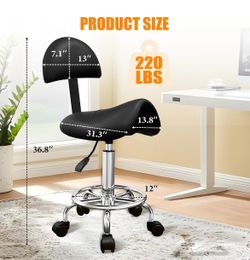 💇 Rolling Salon & Barber Stool with Backrest – 360° Swivel Adjustable Saddle Chair with Wheels