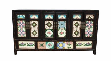 Chinese Painted Tile Sideboard Cabinet