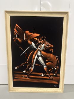 Vintage Black Velvet Painting - Dramatic Matador & Bull Fight Scene 