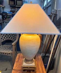 Lamp w/ Shade distressed Beige finish ceramic ginger jar curves 3ft tall x 10”