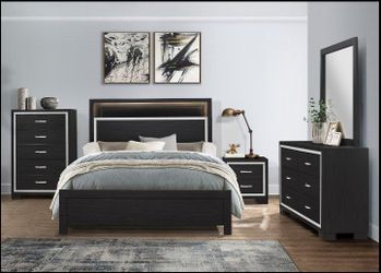 Modern design black Queen bedroom set with bookcase headboard & LED lighting