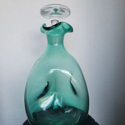 Vintage MCM Blenko Pinched Decanter Teal w/Stopper Winslow Anderson 10"