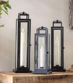 Evergreen Tower Lantern, LED Tapered Candle Set 3-Pack in Black with Remote