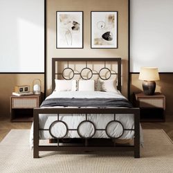 Twin Size Metal Platform Bed Frame with Modern & Vintage Headboard and Footboard, Brown