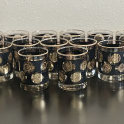 Vintage 1960s Libby Textured Black & Gold Coin Lowball Mid Century Cocktail Glasses Collection 