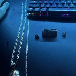 Selling gold chain bracelet and ring and nugget earrings