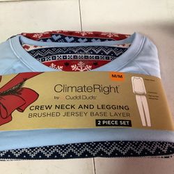 ClimateRight by Cuddl Duds Crew Neck & Legging Base Layer Set – Women's Medium – Blue Fairisle