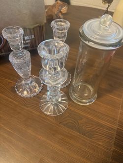 Clear Glass Candlesticks and Lidded Jar Set