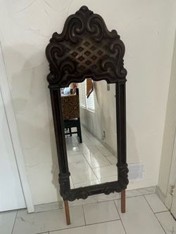 Decorative Dark Cherry Wood Carved Mirror | Spanish Mediterranean Style