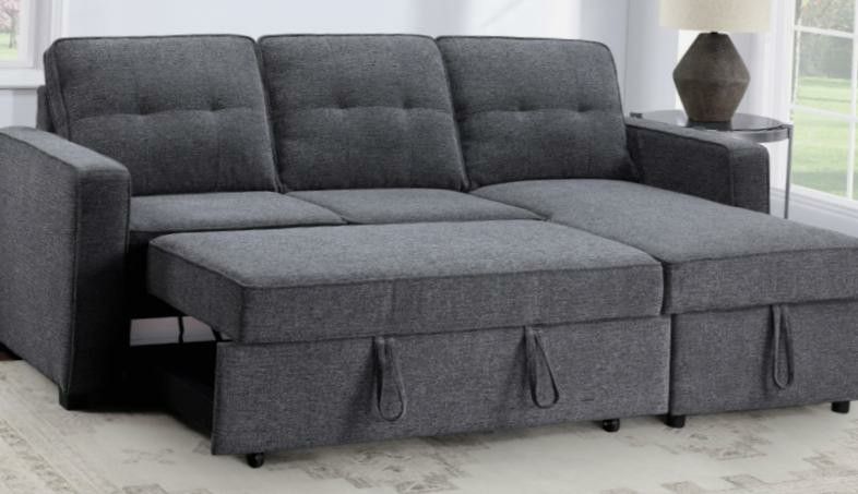 Grey Reversible Sleeper Sectional with Storage Chaise (New in Boxes)