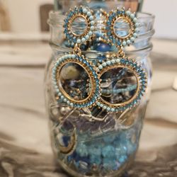 Turquoise Colored Jar Of Jewelry Beautiful Pieces 