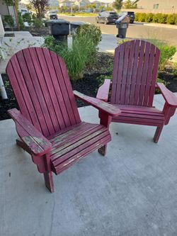 Pair of Red Wooden Adirondack Chairs