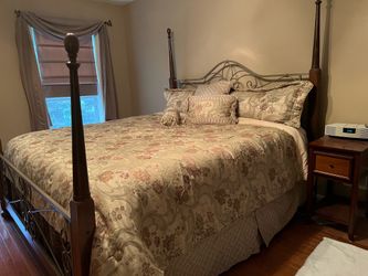 King comforter ensemble, bed ruffle, shams, decorative pillows