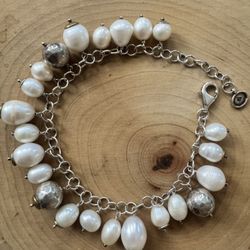 Pearl And Signed 925 Sterling Silver Ball Bracelet 