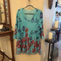 SOFT SURROUNDINGS Seychelles Coral & Fish Print V-Neck Tunic Dress Size M/L