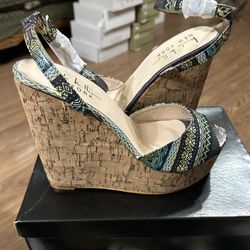 New Nicole Miller Liverpool Cork Wedge Heel Sandals Tribal Print 10