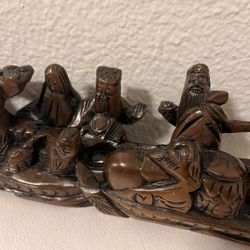 Vintage 13" Long Carved Wood Boxwood Figurine 8 Immortals Gods on Dragon Boat. 
