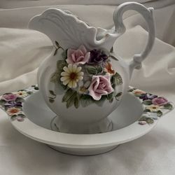 Lefton Bisque Porcelain Floral Decorative Pitcher & Plate