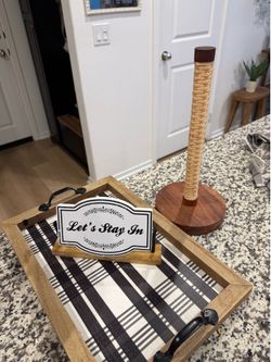 Tray, paper towel holder, let’s stay in/go out sign