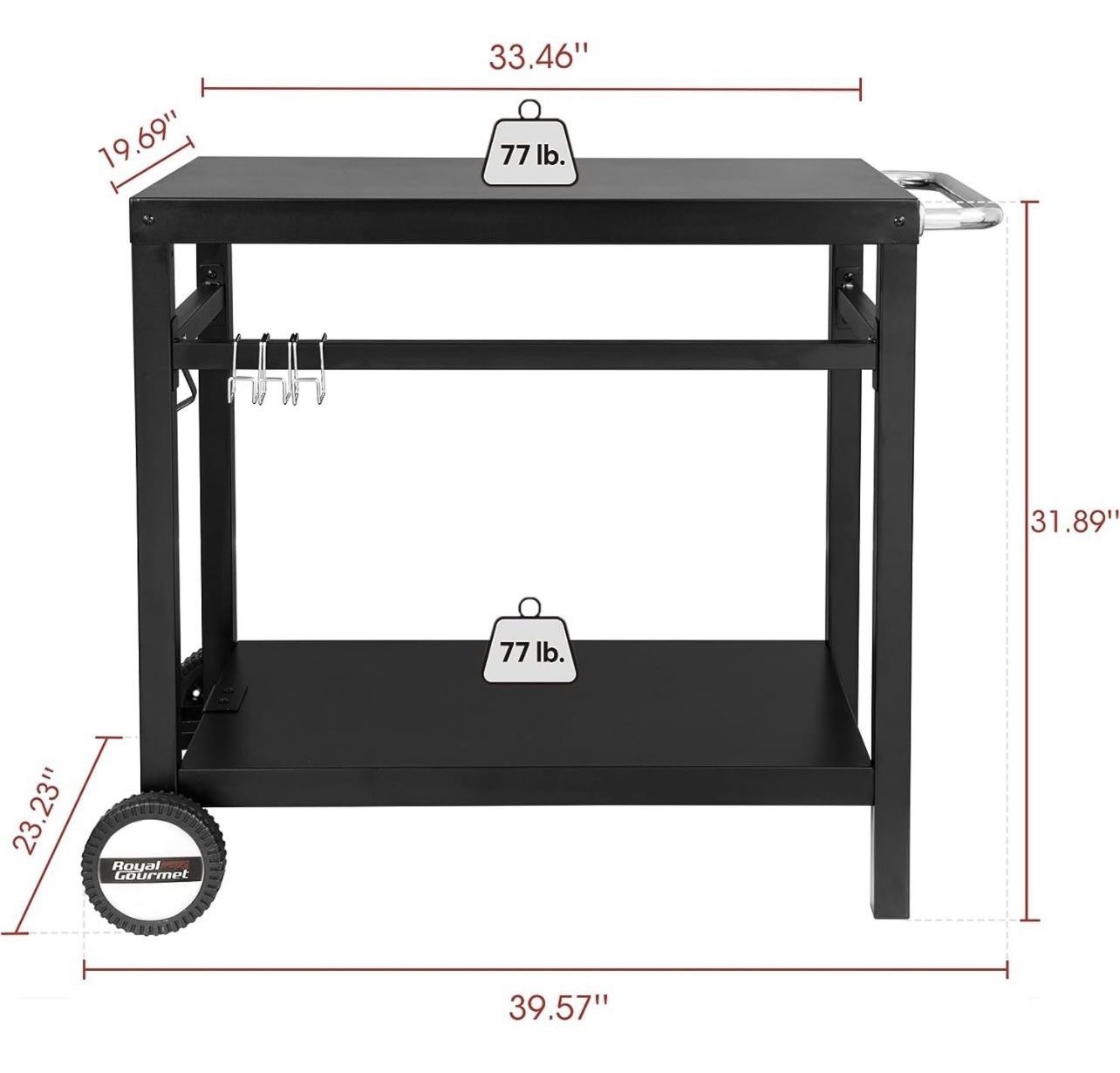 Royal Gourmet Dining Cart Table with Double-Shelf, Movable Steel Flattop Worktable, Hooks, Side Handle, Multifunctional and Commercial PC3401B (Black)