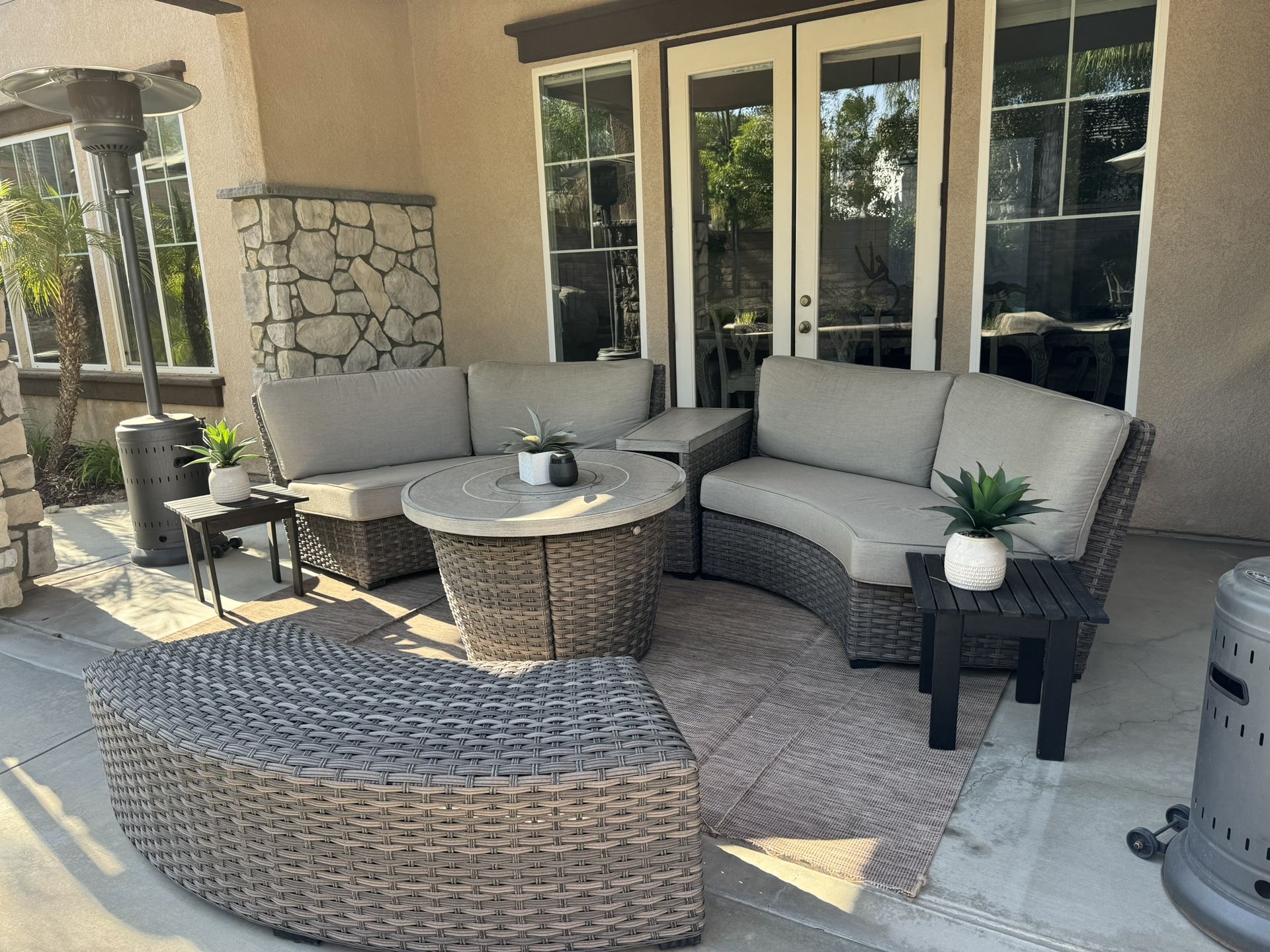 Outdoor Sectional Set: Sectional, Fire pit Table, Bench, and Two Side Tables