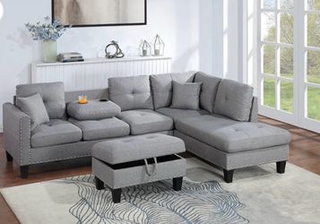 Sectional Sofa Dark Gray Storage Ottoman Included Accent Pillows Nailhead Trim Two Cup Holders  6x8 pick up can deliver