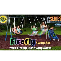 Firefly Steel Swing Set with Swing Seats, Super Disc Saucer Swing, & Wave Slide, New in Box  2 FIREFLY™ LED Lighted, Blow Molded Swings, with 24 self-