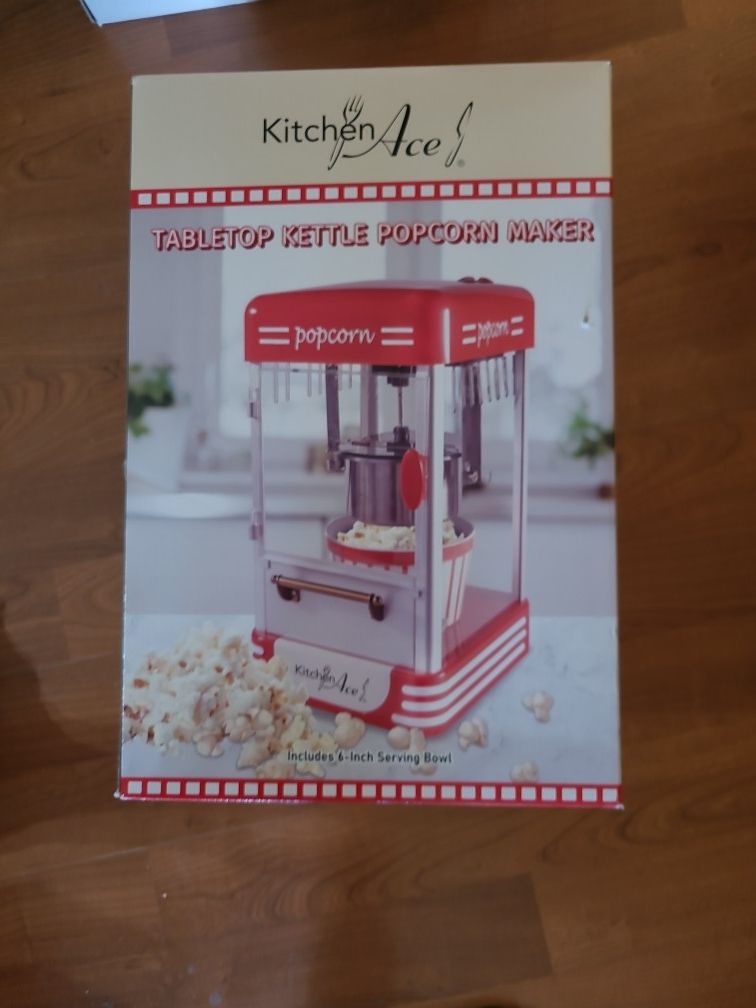 Kitchen Ace Tabletop Kettle Popcorn Maker. NRW. Includes 6- Inch Serving Bowl. -