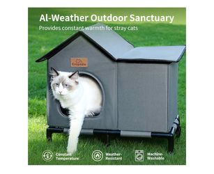 Crispedia Outdoor Cat House Gray & black cat house with reflective insulation, waterproof, insulated, elevated, weather-resistant, cozy, pet shelter,
