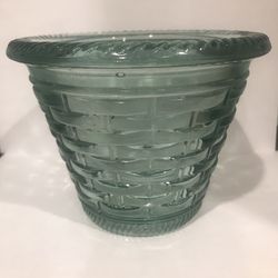 Green Basket Weave Pressed Glass Flower Pot/Vase