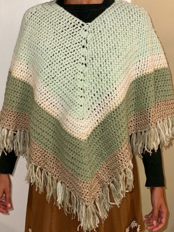 ⁠Handmade Crochet Striped Poncho Shawl Sage Green Beige Fringe Boho Wrap One Size⁠