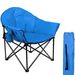 Padded Oversized Folding Camping Chair, Portable Moon Saucer Chair, Round Outdoor Chair with for Adults, Hiking, Camping, Fishing, Palace Blue
