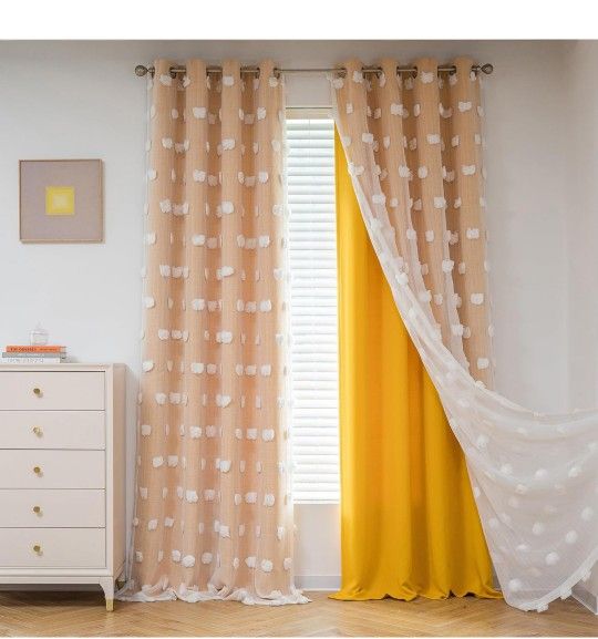 MYSKY HOME Yellow Curtains for Living Room Nursery Curtains 84 Inch Long Double Layer Curtains for Kids Room White Pom Pom Sheer Blackout Grommet Room